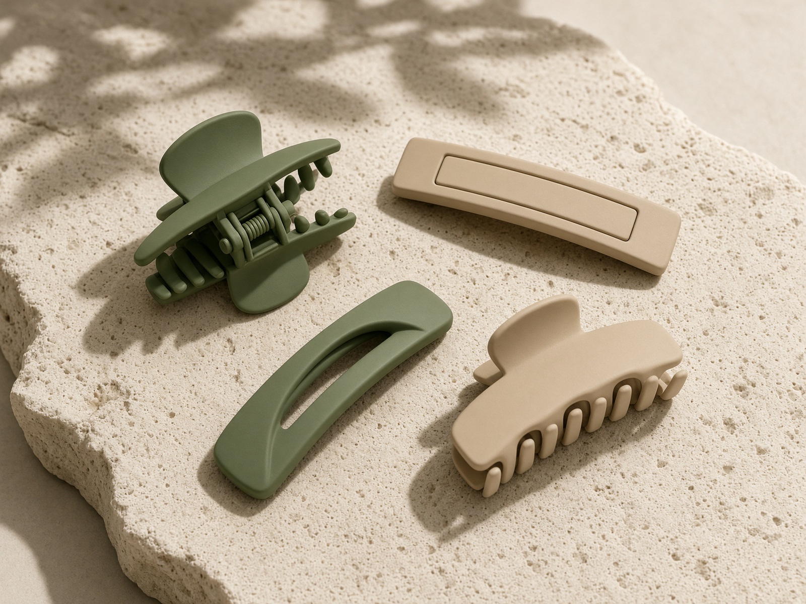 Four architectural hair clips in moss green and sand on sandstone