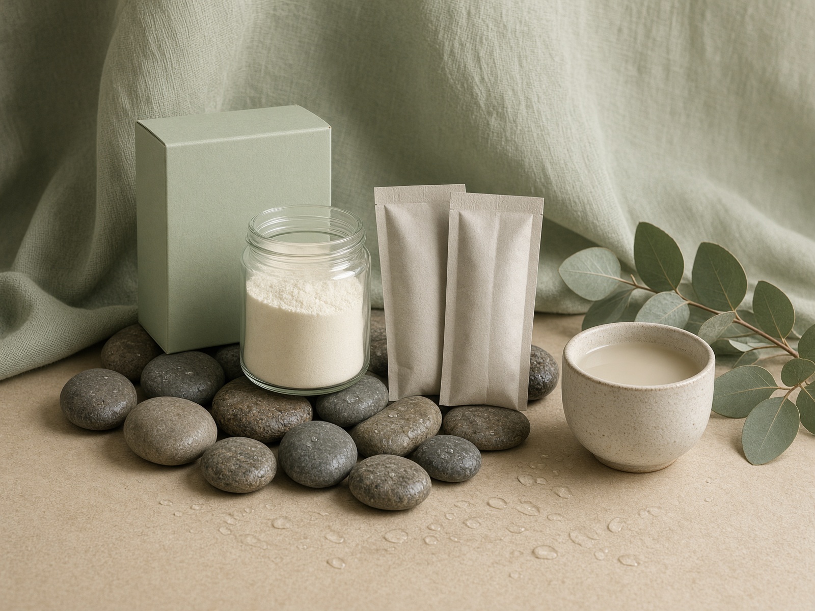 Rill Collagen kit with powder jar, sachets, and a cup of steeped collagen on river stones