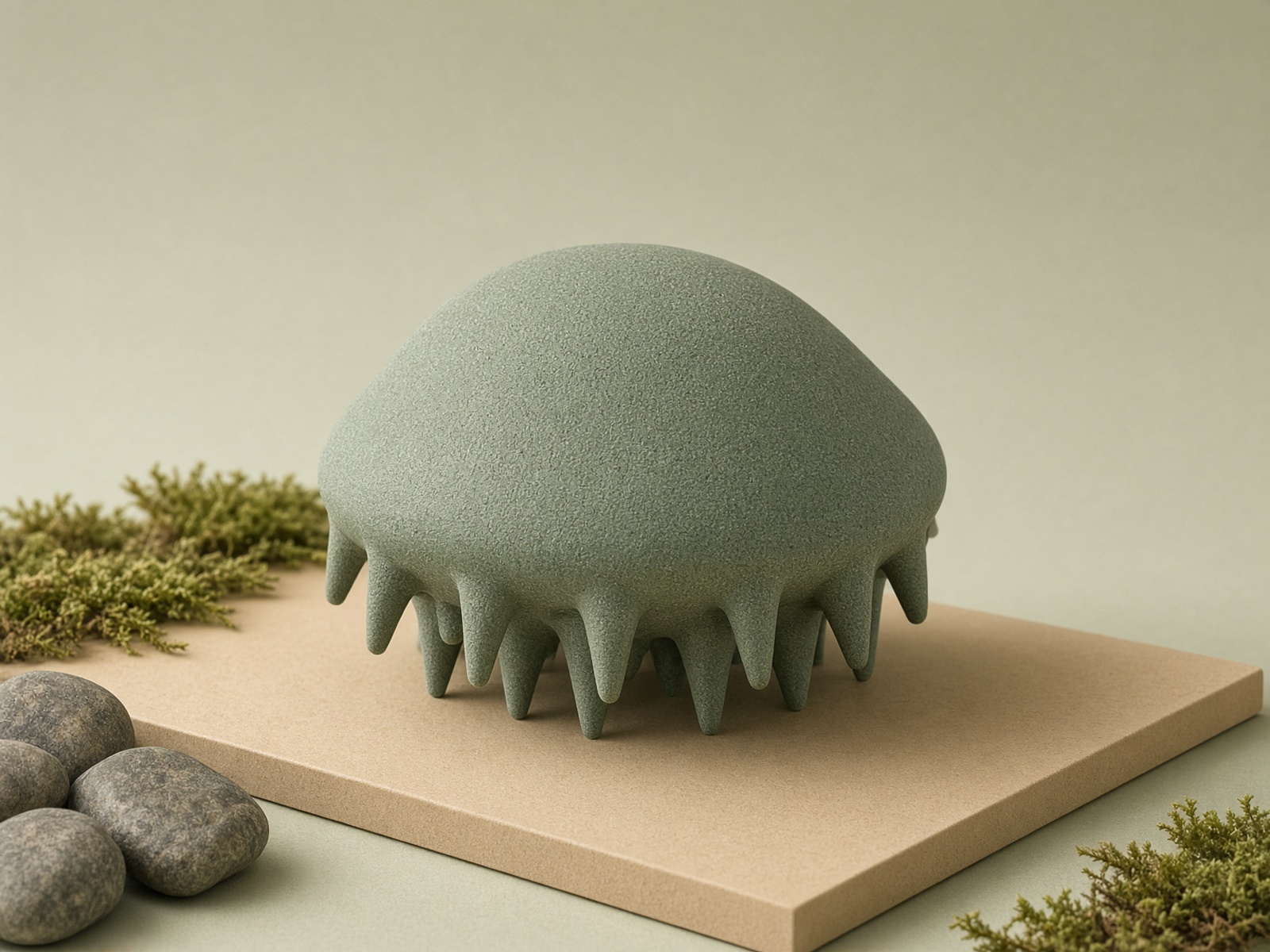 Sculptural eucalyptus-green scalp massager on sand paper with moss