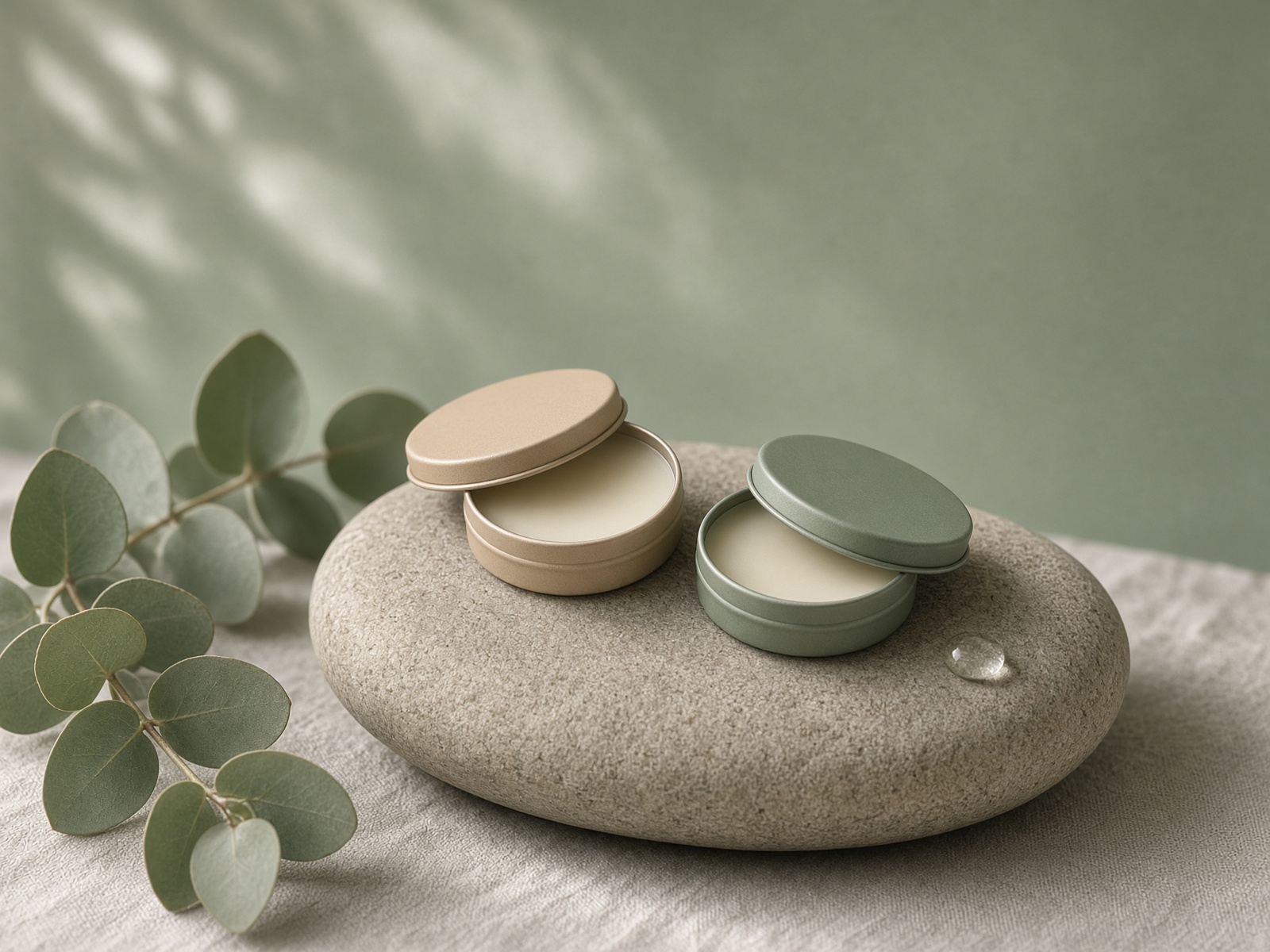 Peptide Lip kit of two round tins on a river stone with eucalyptus