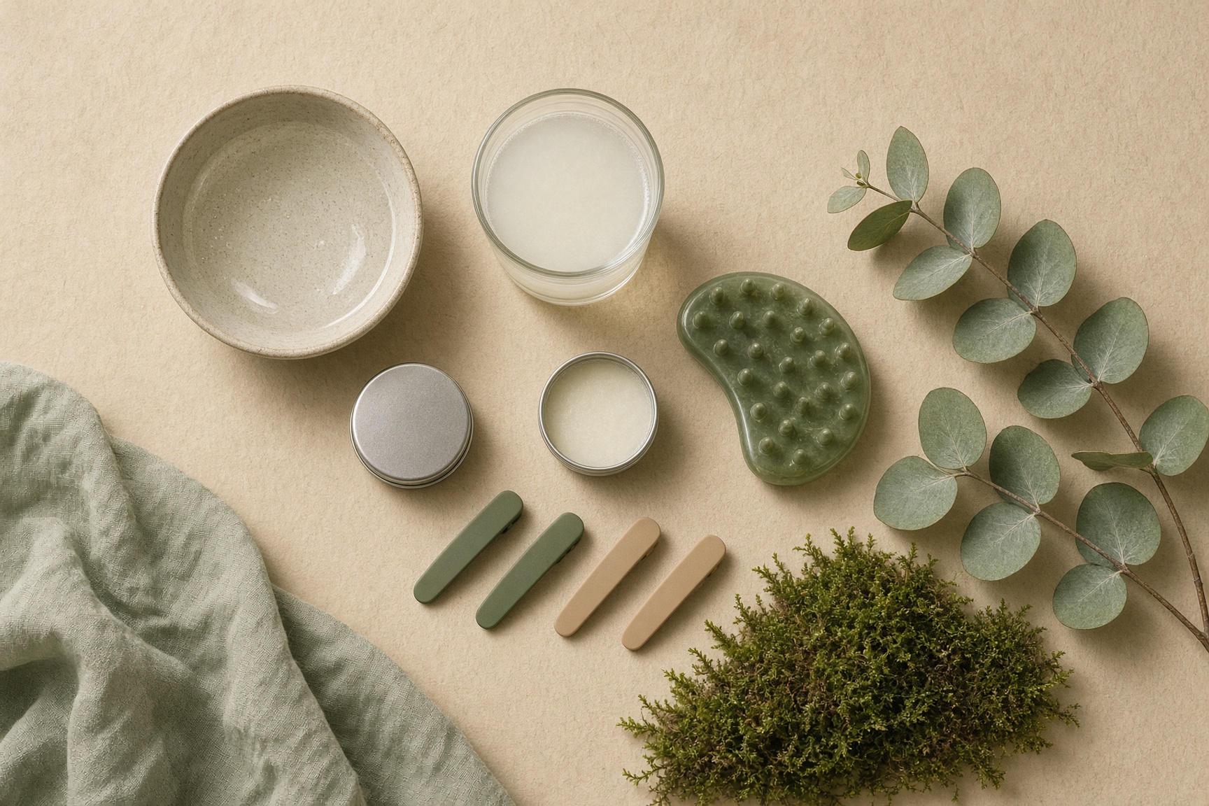Overhead still life of the Mossrill ritual: collagen, tins, massager, clips, moss, and water